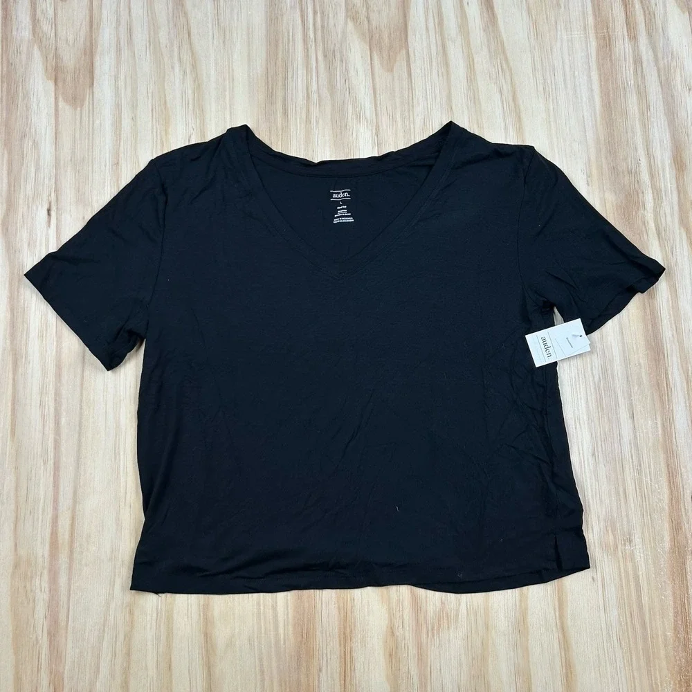 Auden NEW L V-Neck Cloud Knit Sleepwear Short Sleeve Tee‎ Top Black Women